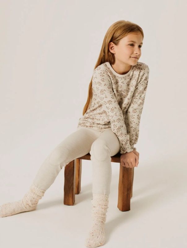 Nkfwuppo lys gråbeige ull/bomulls stilongs m/blomster