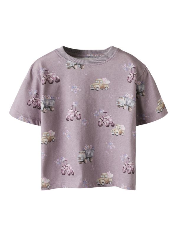 Nmfhelga lilla t-skjorte med kjøretøy og blomster
